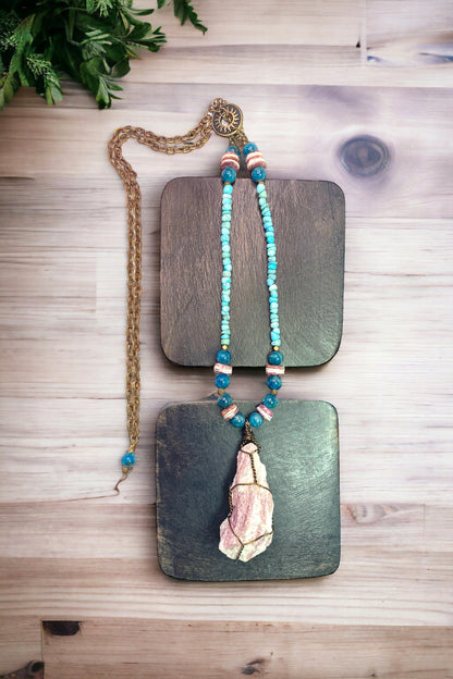 Pink Calcite on Turquoise & Apatite